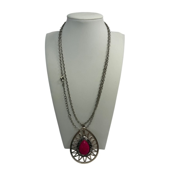 No brand Jewelry - Boho Silver Tone Pink Faux Stone Teardrop Pendant Long Chain Necklace Statement
